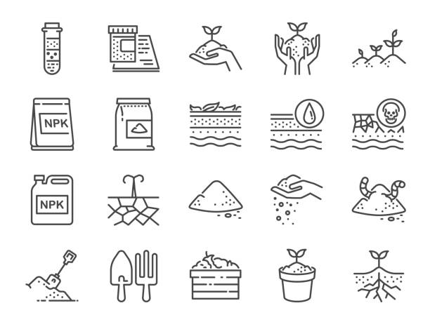 boden-linie-icon-set. enthalten die symbole als erde, kompost, land, schmutz und boden. - erdreich stock-grafiken, -clipart, -cartoons und -symbole