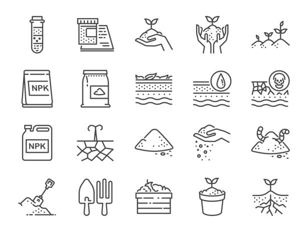 Soil line icon set. Included the icons as earth, compost, land, dirt, ground and more. Soil line icon set. Included the icons as earth, compost, land, dirt, ground and more. fertilizer icon stock illustrations