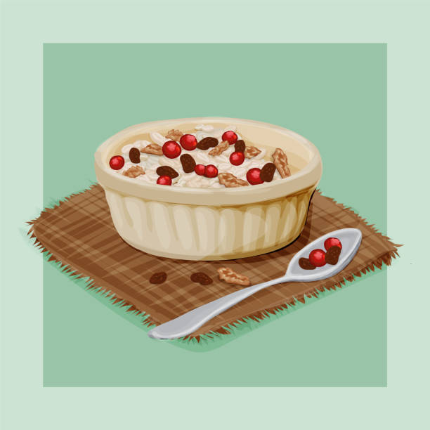 illustrazioni stock, clip art, cartoni animati e icone di tendenza di illustrazione disegnata a mano vettoriale per la colazione con farina d'avena - oatmeal raisin porridge nut