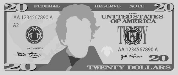 illustrazioni stock, clip art, cartoni animati e icone di tendenza di banconota monocromatica da 20 dollari usa - twenty dollar bill illustrations