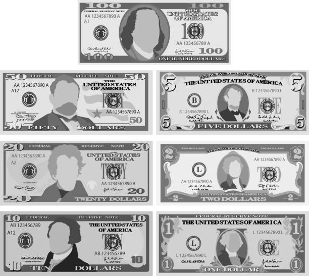 Monochrome US dollar banknote set This is a vector illustration. currency us paper currency dollar one dollar bill stock illustrations