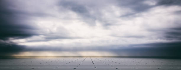 Grey cloudy sky over concrete tiles pavement, banner. 3d illustration