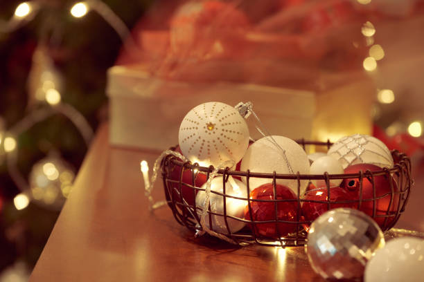 istock Christmas decorations and objects in red and gold for mock up template design.View from above 1086827998