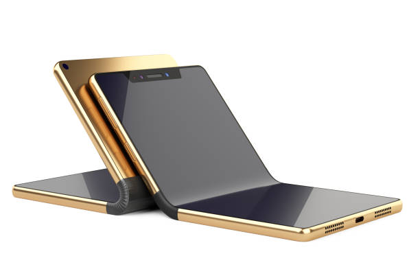 Two golden flexible foldable smartphone - concept. Two golden flexible foldable smartphone - concept. 3D illustration isolated over white background. foldable stock pictures, royalty-free photos & images