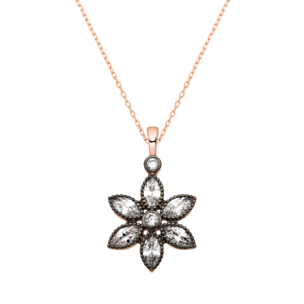 Flower necklace; flower form diamond necklace; rose gold plated stock photo