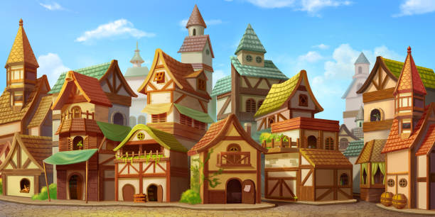 ilustrações de stock, clip art, desenhos animados e ícones de small fairy tale town. fiction backdrop. concept art - house column residential structure fairy tale