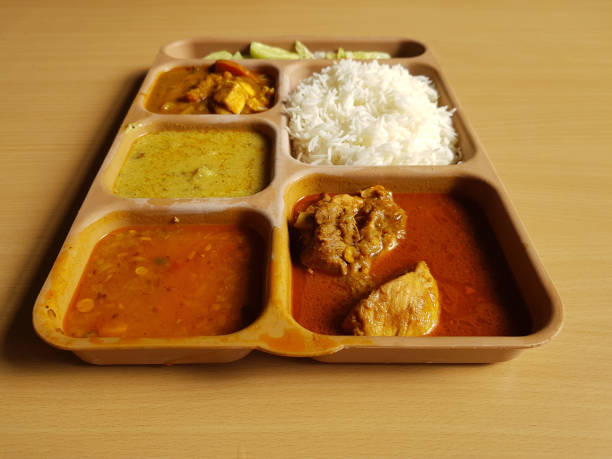 istock indian chicken thali with rice dal chicken salad vegetable curry on a plastic segmented plate in wooden background 1086841124