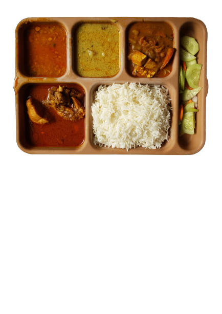istock indian chicken thali with rice dal chicken salad vegetable curry on a plastic segmented plate in white background 1086841270