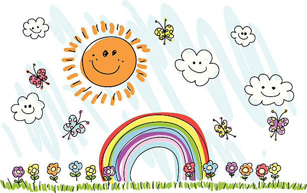 illustrations, cliparts, dessins animés et icônes de enfantin de dessin à la main en dessin animé de nature illustration - spring grass cloud butterfly