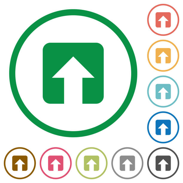 Upload flat icons with outlines Upload flat color icons in round outlines on white background upstream stock illustrations