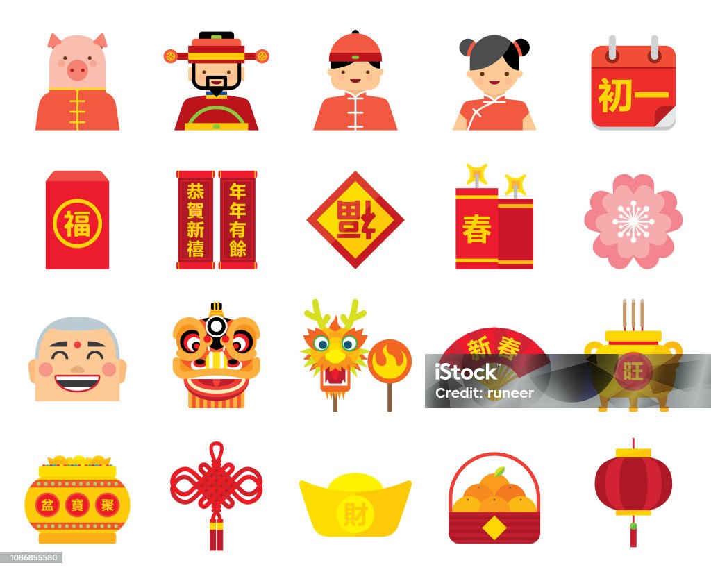 Flat Chinese New Year Icon Set | Kalaful Series Flat Chinese New Year icon and avatar set for the year of the pig. Chinese New Year stock vector