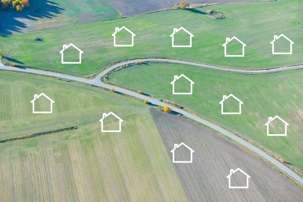 housing development, from farmland - land development aerial view planning imagens e fotografias de stock