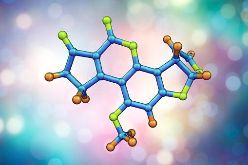 Aflatoxin B1 molecule, a toxin produced by fungi Aspergillus, a potent carcinogen, 3D illustration
