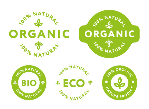 녹색 건강 한 유기농 천연 에코 바이오 식품 제품 라벨 스탬프의 컬렉션입니다. - 유기농 stock illustrations