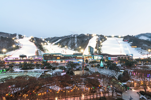 Vivaldi Park Ski Resort or Daemyung Ski World in Pyeong, Gangwon-do, KOREA near Seoul with panoramic view of snow mountain, recreational and leisure facilities and shopping mall