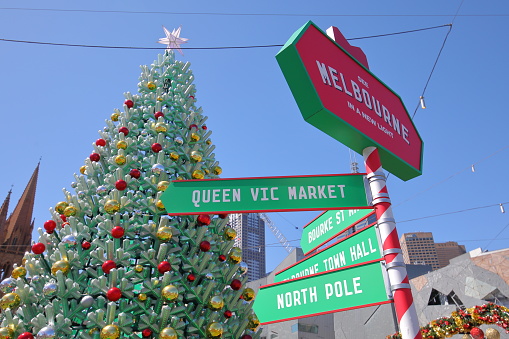 Melbourne Australia - December 4, 2018: Christmas tree in Federation Square Melbourne Australia
