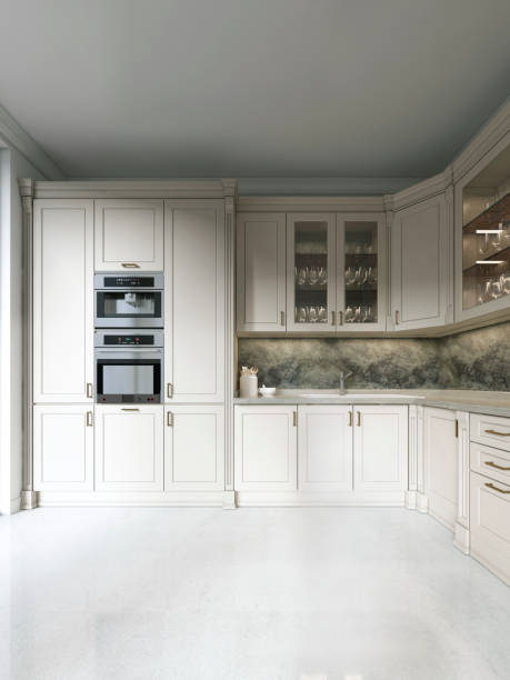 istock Modern art deco kitchen with classic elements. Glass facade and built-in appliances. Interior in beige colors. 1086868644
