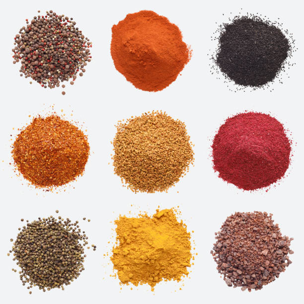 Different kinds of spices on white background