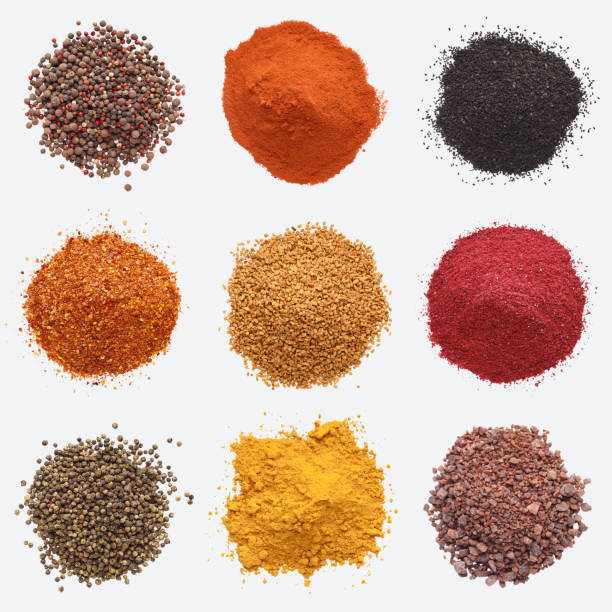different kinds of spices on white background - cardamom spice indian culture isolated imagens e fotografias de stock