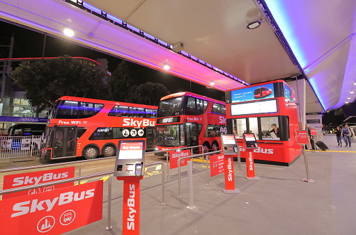 Melbourne Australia - December 9, 2018: Skybus airport shuttle bus at Melbourne International airport in Melbourne Australia.
