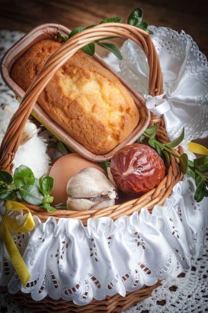 Traditional Easter basket with food.