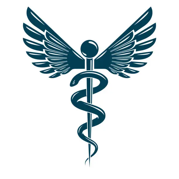 Vector illustration of Caduceus medical symbol, graphic vector emblem created with wings and snakes.