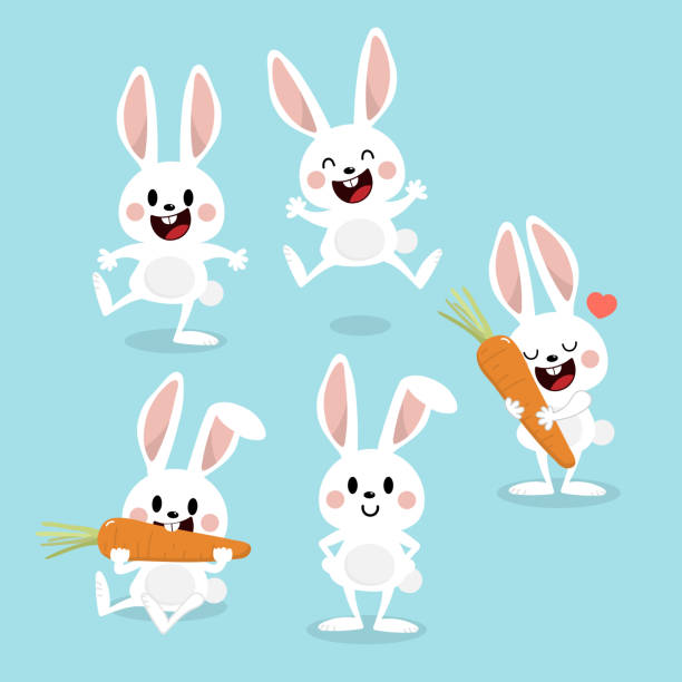 illustrations, cliparts, dessins animés et icônes de mignon lapin blanc avec le jus de carotte. lapin de dessin animé collection vector. jeu de caractères de la faune animale. - mignon illustrations