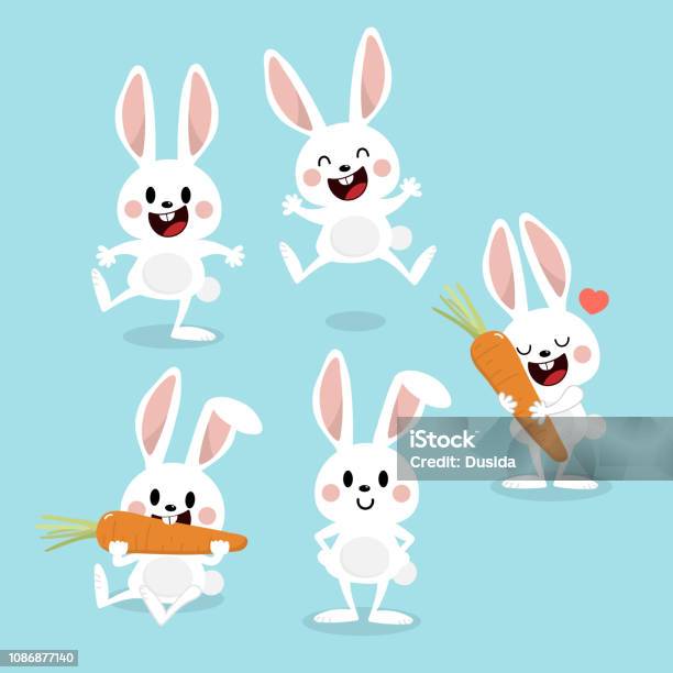 Carino Coniglietto Bianco Con Carota Collezione Vettoriale Di Cartoni Animati Rabbit Set Di Personaggi Della Fauna Selvatica Animale - Immagini vettoriali stock e altre immagini di Coniglio - Animale