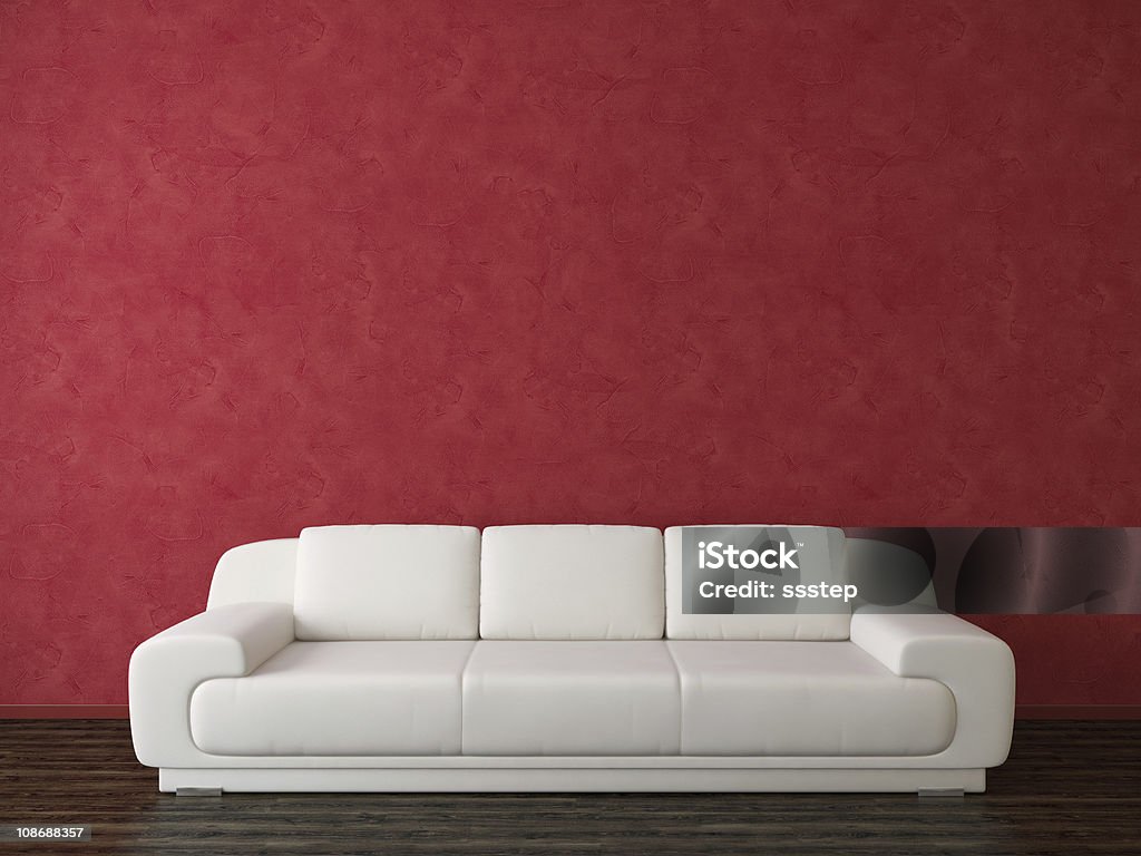Modern Interior Moderm White Sofa near Red Venetian Stucco Wall Leather Stock Photo