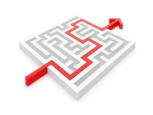 Photo of White square labyrinth with a red puzzle going through