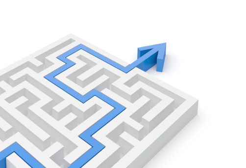 Solved maze puzzle with blue guidance line with arrow. Close-up render.