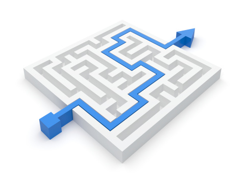 Animated maze puzzle with a blue arrow showing the solution