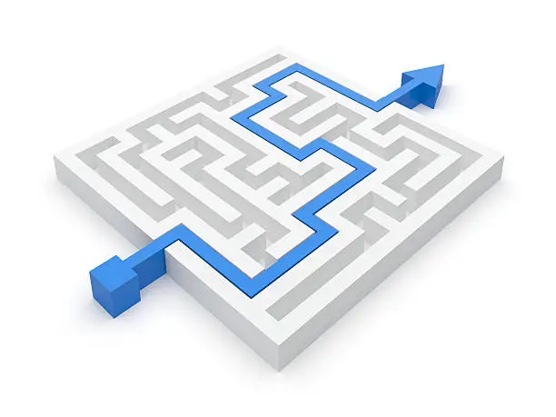 Photo of Animated maze puzzle with a blue arrow showing the solution