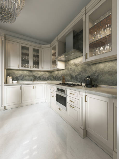 istock Contemporary kitchen with elements of a classic with a dining table glass chandelier. Interior in beige colors. 1086883858
