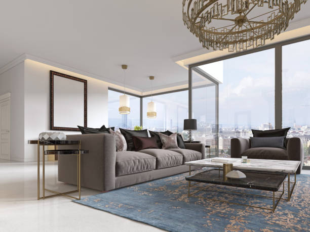 istock Modern luxury living room interior with a sofa, armchairs, a coffee table and a dining table with a kitchen. 1086884462