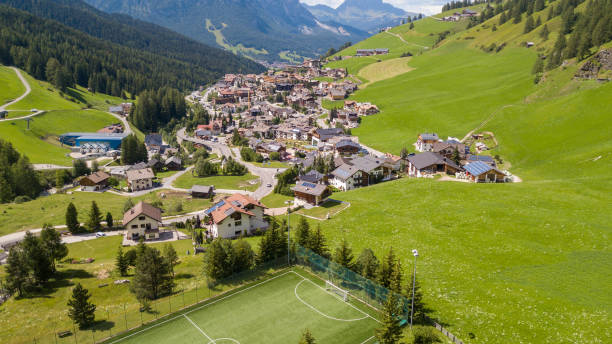Alta Badia, Italy. Drone aerial view on the village of San Cassiano Alta Badia, Italy. Drone aerial view on the village of San Cassiano alto adige italy stock pictures, royalty-free photos & images