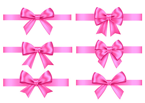Pink  gift  bows set  isolated on white background. Christmas, Valentine's  day, birthday  decoration. Vector realistic decor element  for banner, greeting card, poster.