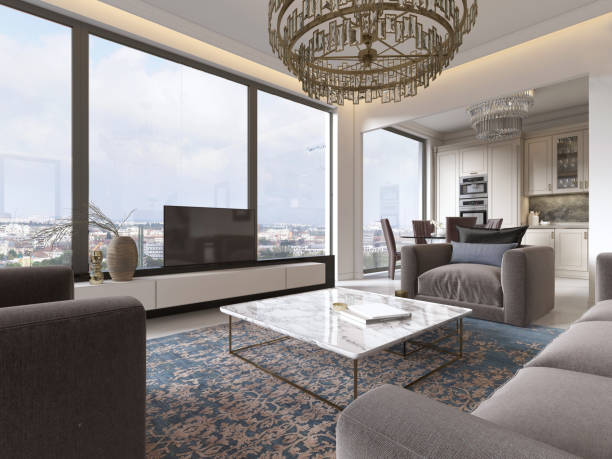 istock Modern luxury living room interior with a sofa, armchairs, a coffee table and a dining table with a kitchen. 1086887084