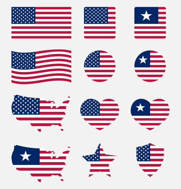 ilustraciones, imágenes clip art, dibujos animados e iconos de stock de los e.e.u.u. bandera símbolos set, estados unidos de américa nacional bandera de iconos - american flag