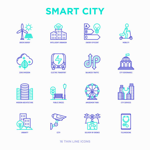 ilustraciones, imágenes clip art, dibujos animados e iconos de stock de elegante conjunto de iconos de delgada línea ciudad: verde energía, urbanismo inteligente, movilidad eficiente, cero emisiones, transporte eléctrico, tráfico equilibrado, espacios públicos, cctv, telemedicina. ilustración de vector. - urbanity