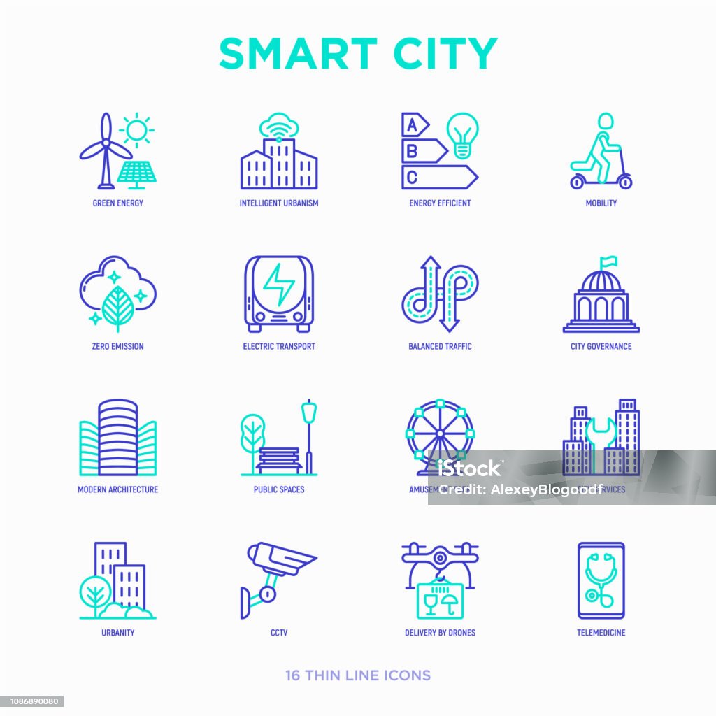 Smart city thin line icons set: green energy, intelligent urbanism, efficient mobility, zero emission, electric transport, balanced traffic, public spaces, CCTV, telemedicine. Vector illustration. Icon Symbol stock vector