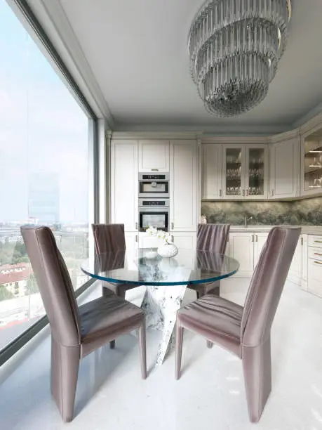 A luxurious modern-style kitchen with a dining table and a large full-length window and a beautiful view of the city. 3D rendering.