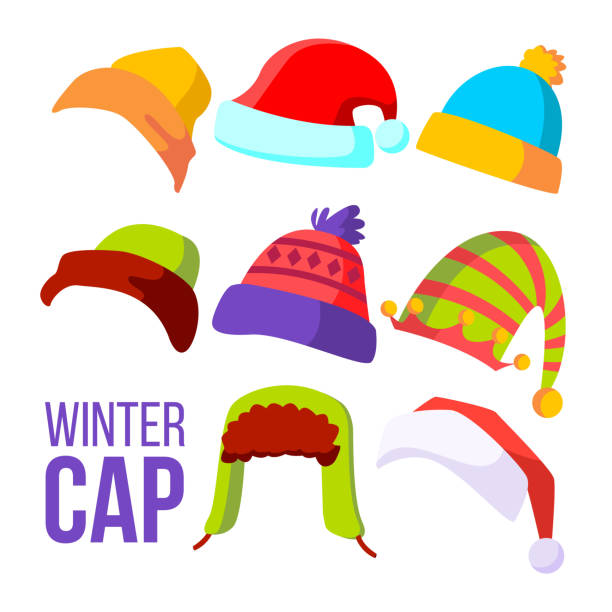 ilustraciones, imágenes clip art, dibujos animados e iconos de stock de casquillo del invierno establecer vector. sombrero de clima frío. sombreros, gorras. ropa de vestir para el otoño. ilustración de dibujos animados aislados - knit hat