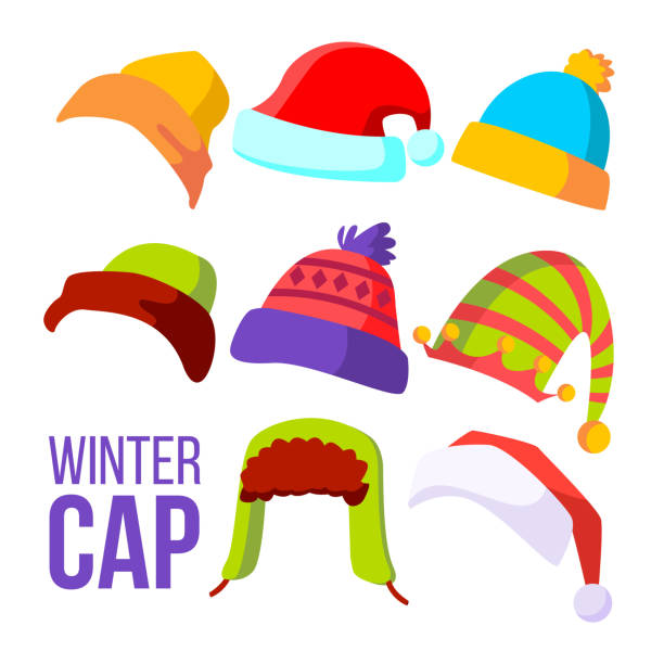 ilustrações, clipart, desenhos animados e ícones de tampão do inverno defina vetor. tempo frio headwear. chapéus, bonés. roupas de vestuário para o outono. ilustração isolado dos desenhos animados - knit hat