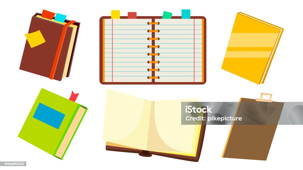 Notebook Cartoon Set Notebook Set Vector Office Personal Dairy Notepad Opened And Closed ...