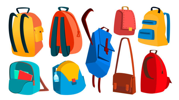 ilustraciones, imágenes clip art, dibujos animados e iconos de stock de mochila escolar establece vector. objeto de la educación. equipo de niños. mochila de colores. ilustración de dibujos animados aislados - mochila bolsa