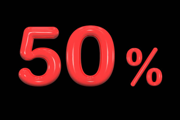 50% discount, promotion sale percent made of realistic 3d glossy red paint sign isolated on black background, offer label, 3d rendering. - 50 percent imagens e fotografias de stock