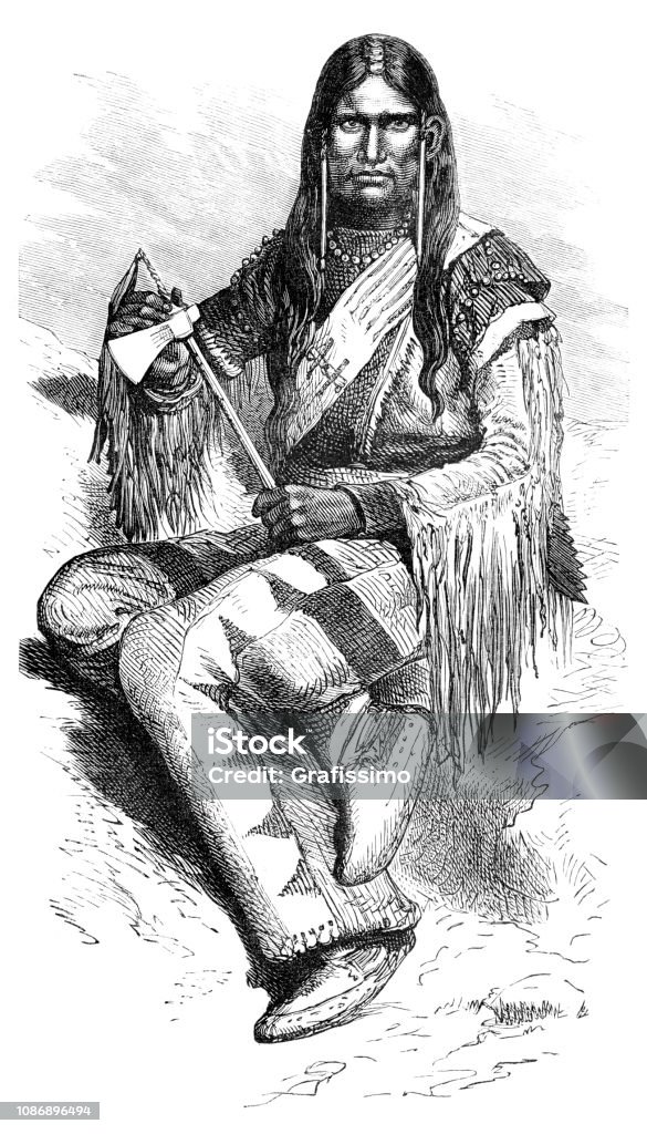 Native north american of tribe Ute 1874 Steel engraving Ute Native American Warrior Serpent Indians ( Washaki )
Original edition from my own archives
Drawing : A. MArie - Graveur : C. Barbanj
Source : Tour du Monde 1874 Indigenous North American Culture stock illustration