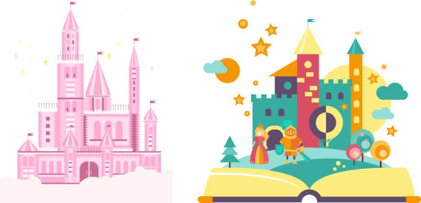 istock Fairytale castles, open book with fairy tale kingdom vector Illustration on a white background 1086898600