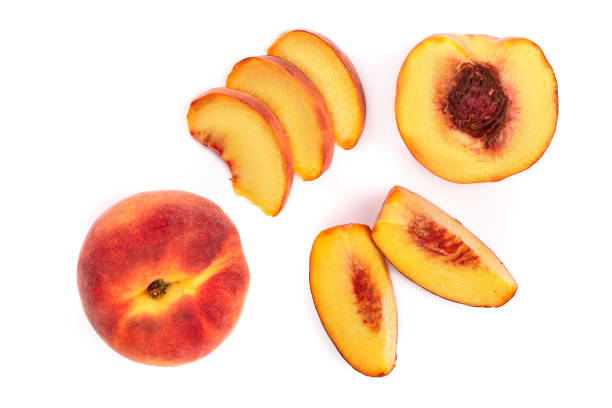 istock ripe peaches isolated on white background. Top view. Flat lay pattern 1086908712